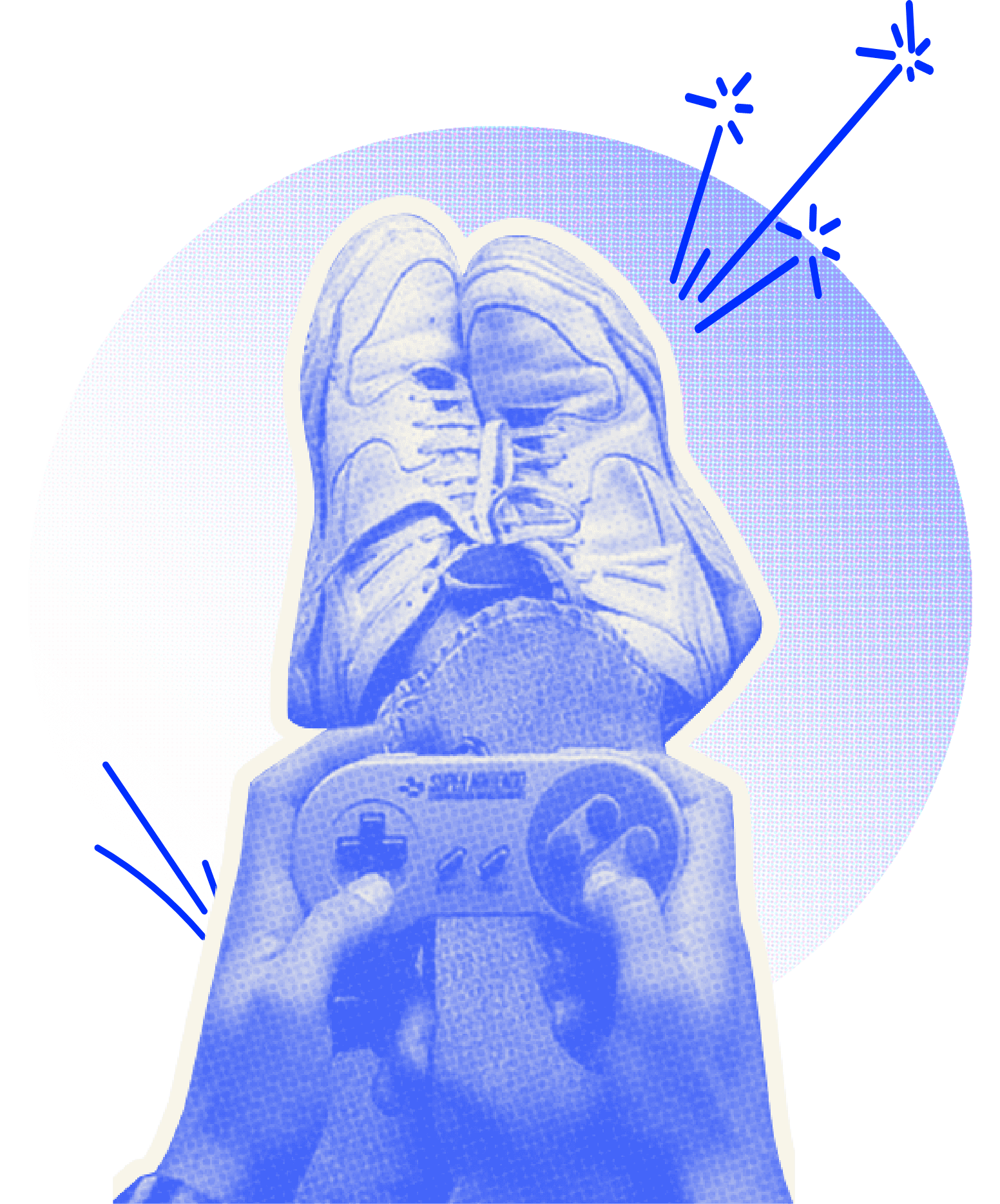A person with their feet crossed and holding a retro controller