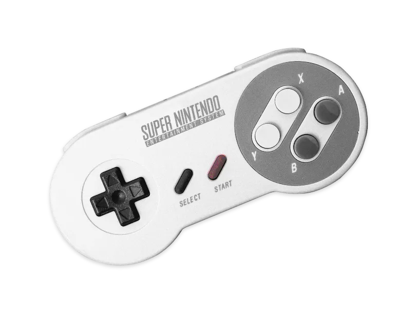 A Super Nintendo controller, a historical console that revolutionized the video game industry.