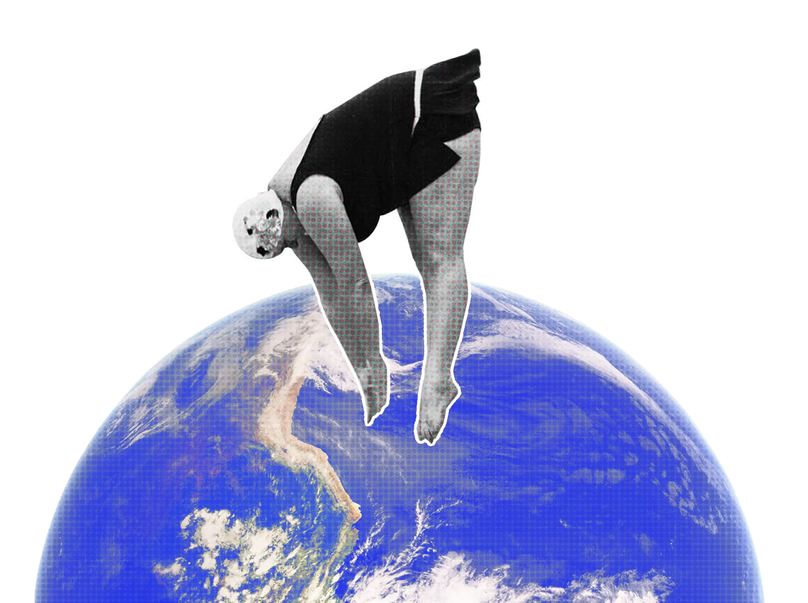 Someone dressed in an old fashioned bathing suit for woman, diving back down to planet Earth. This juxta-positioned imagery creates a strong visual impact.