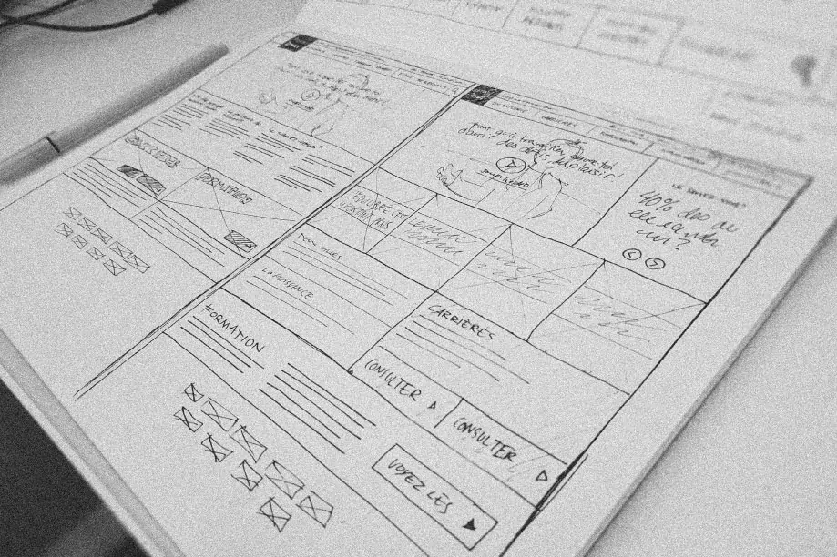 A detailed mock up of an application's interface and functionality in a notebook.